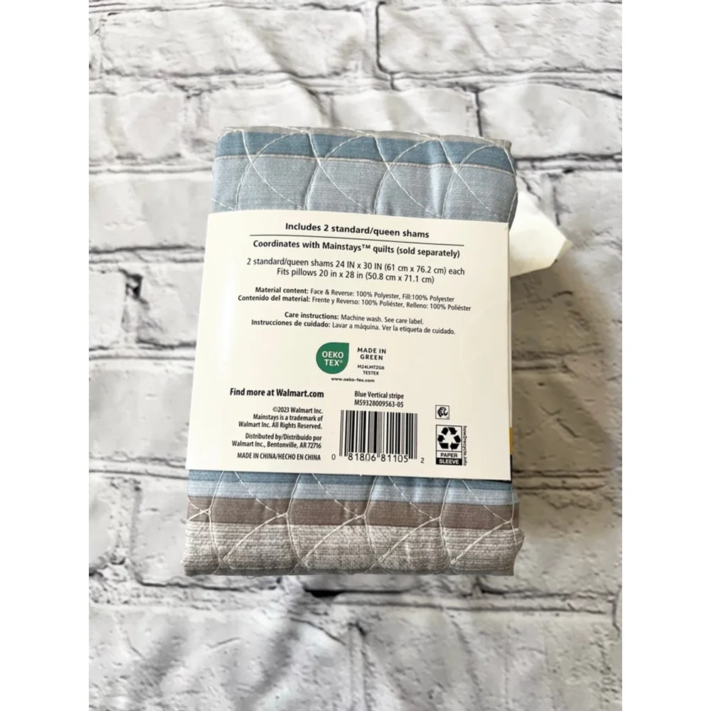 NEW Mainstays Blue Grey Vertical Stripe Standard/Queen Shams 2-Pack